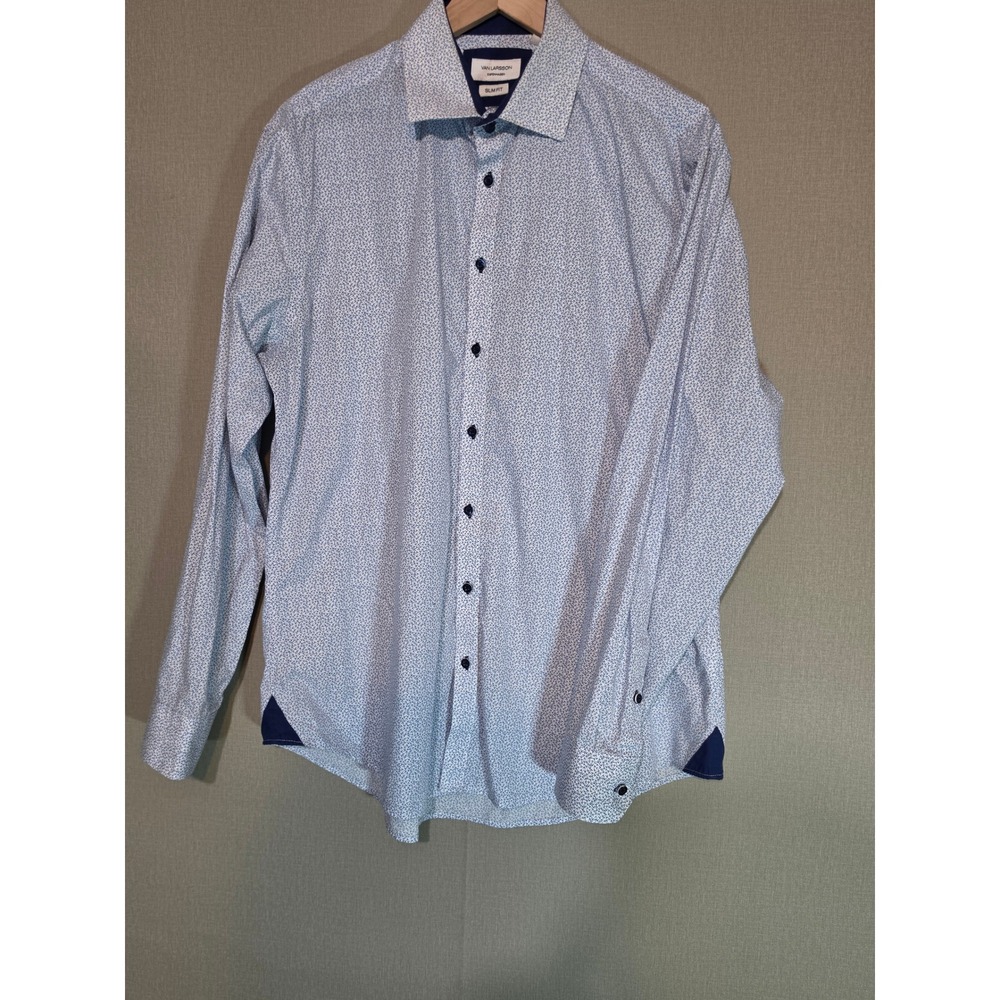 Van Larsson Copenhagen Mens XL Slim Fit Button Down Shirt Blue White Geometric